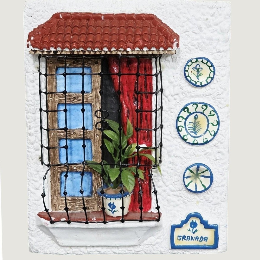 Vintage Spanish Ceramic Window Plaque 7x6" Granada Souvenir Clay Tile Art
